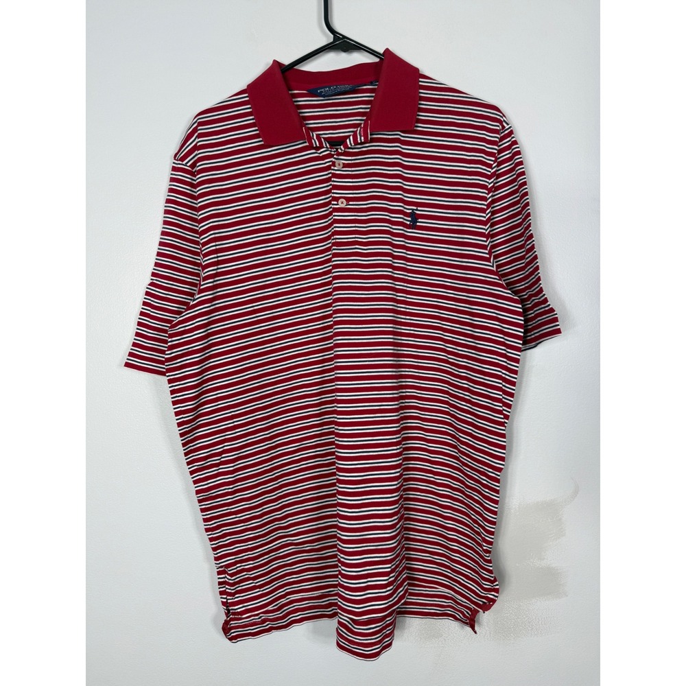 Polo Golf Ralph Lauren Mens Large Red White Blue Striped‎ Pima Cotton Polo Shirt